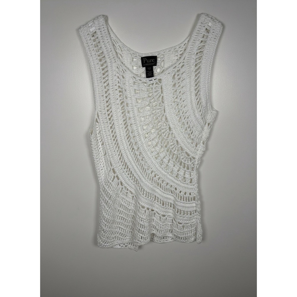 Pure Hand Knit  XS/S Ivory Crochet Cotton Knit Sleeveless Lagenlook Tunic Top
